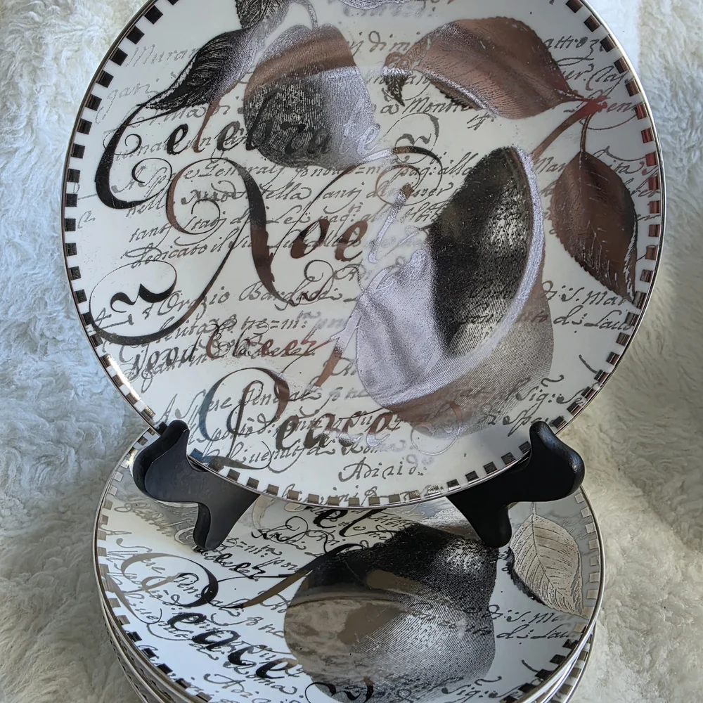 Restoration Hardware Script Design Dinner Plates - Silver, White, Cream Set Of 4